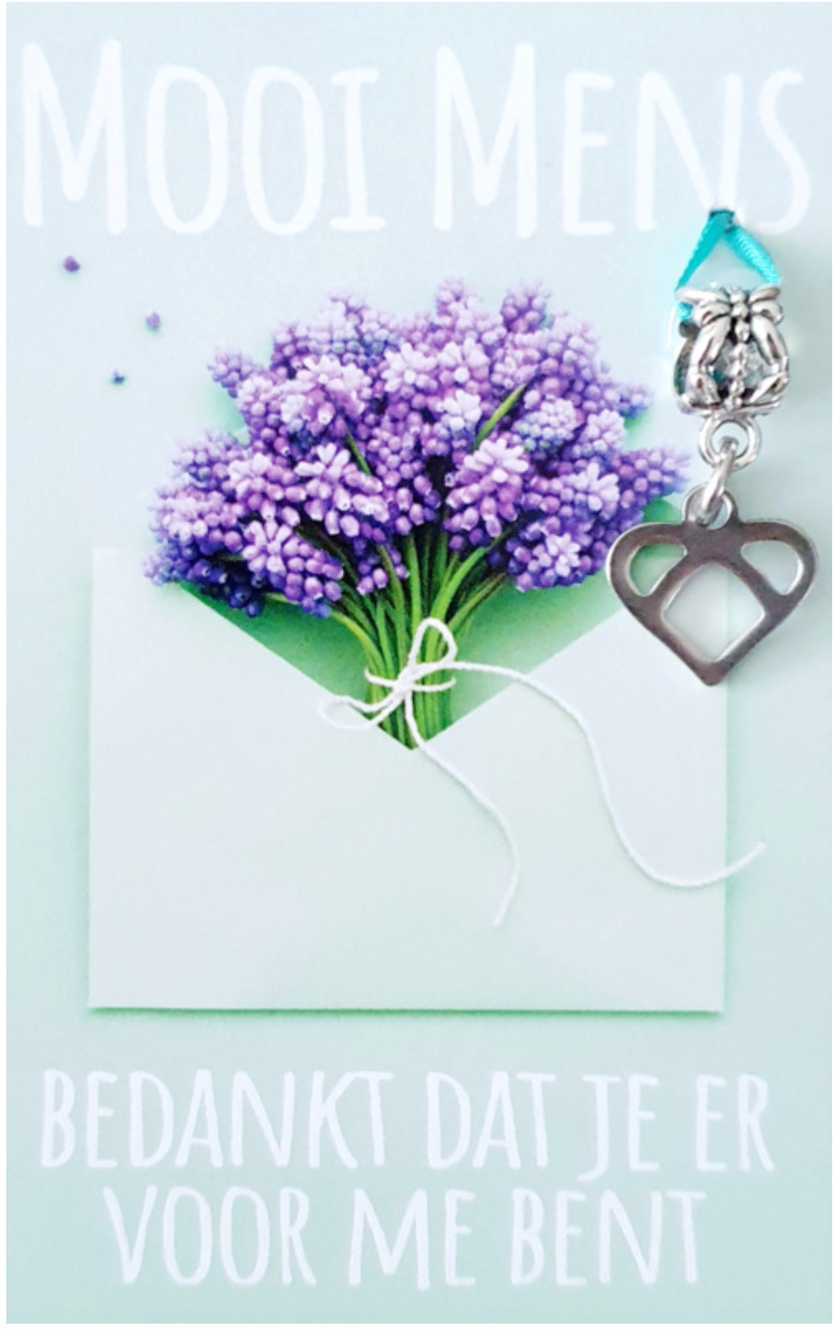 Card with bouquet and charm: lavender flowers in an envelope, text 