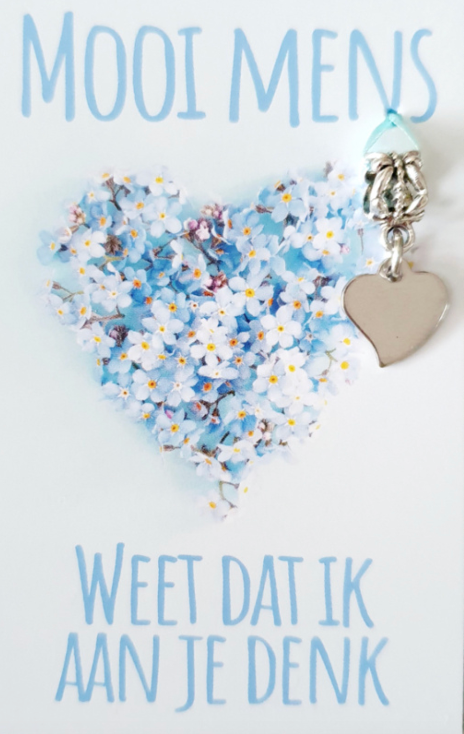 Card with blue floral heart, text 