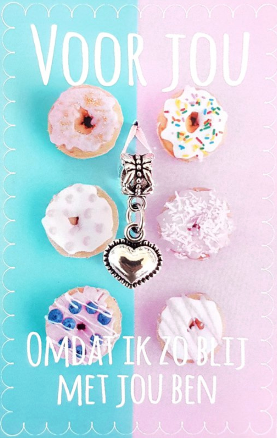 Donuts and a heart charm on a blue and pink background with text that says 