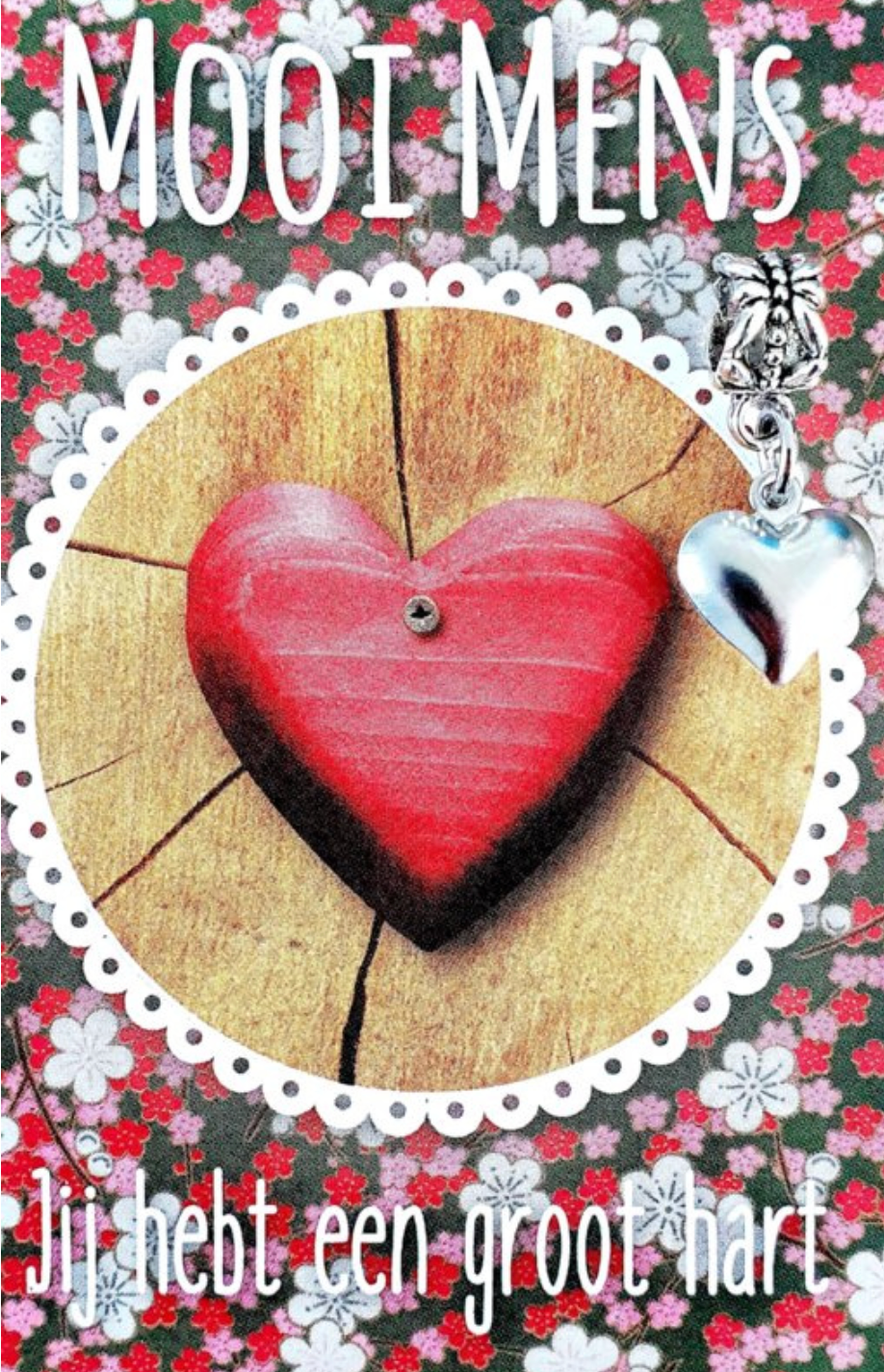 Red heart on wood, surrounded by flowers, text 