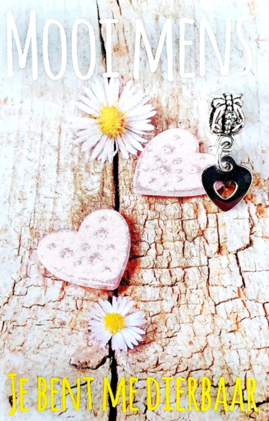 Witte madeliefjes en roze hartjes op hout met de Nederlandse tekst 