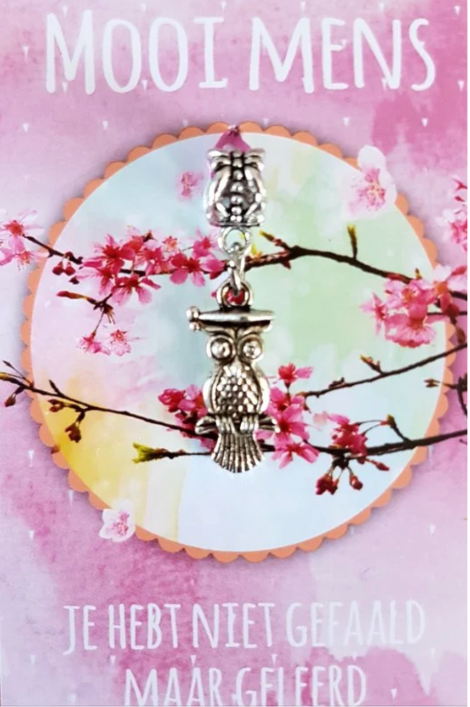 Card with owl charm, pink flowers, and text 