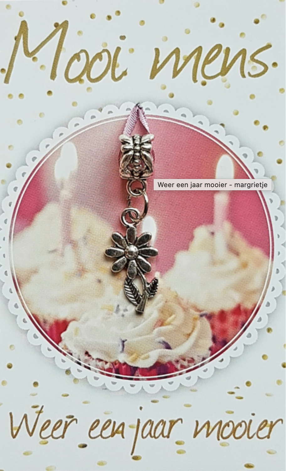 Greeting card with cupcakes, flower charm, and text 