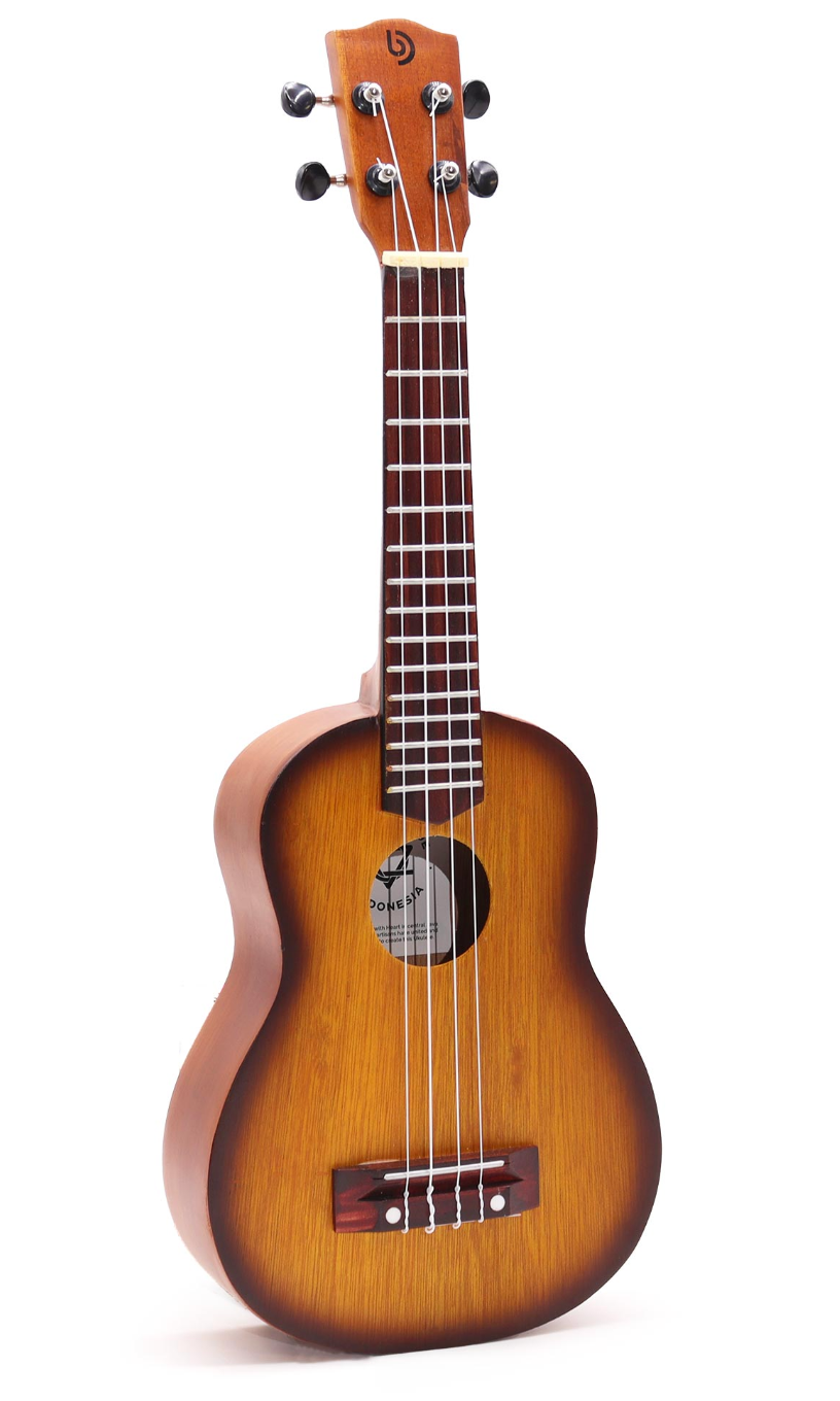 Ukulele, bruin hout met donkere randen, witte fretmarkeringen.