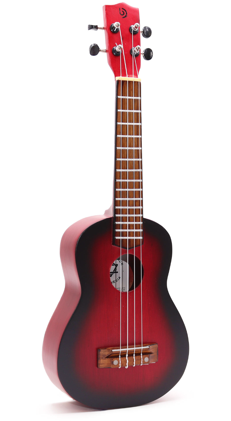 Rode en zwarte ukelele met vier snaren, tegen een witte achtergrond.