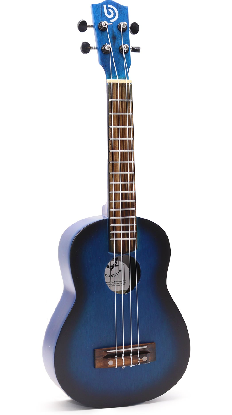 Blauwe ukelele met een kleurverloop, vier snaren en stemmechanieken.