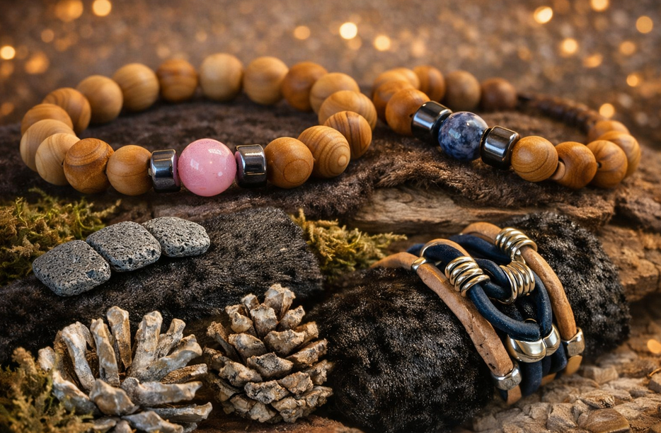 Armbanden met houten kralen, een roze en blauwe edelsteen en leren bandjes op een rustieke zetting met dennenappels.