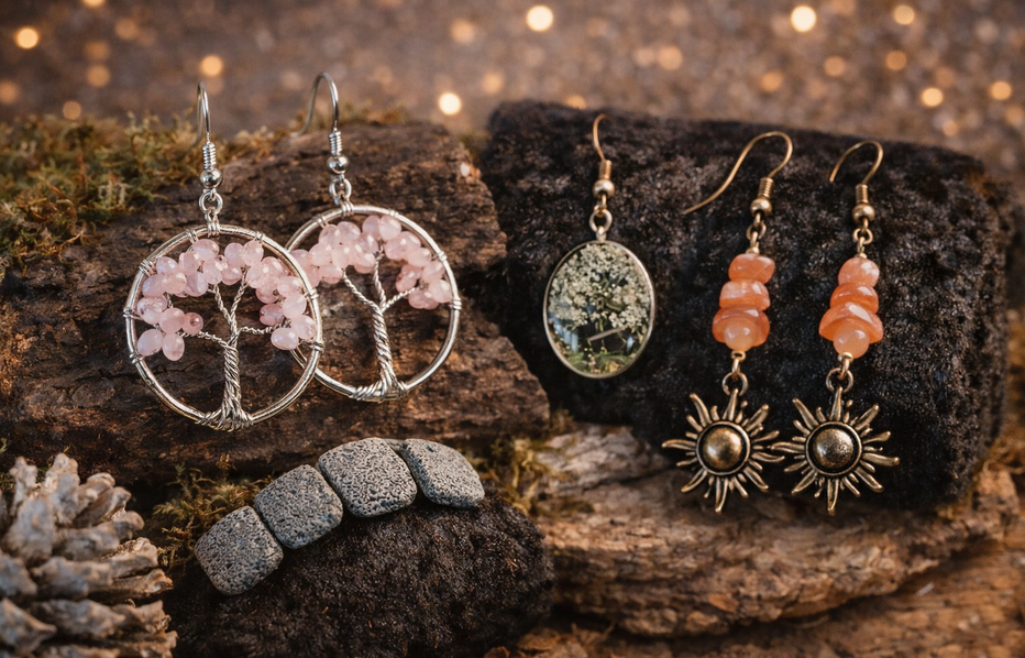 Oorbellen en armband op een donkere, met mos begroeide rots met een glinsterende achtergrond.