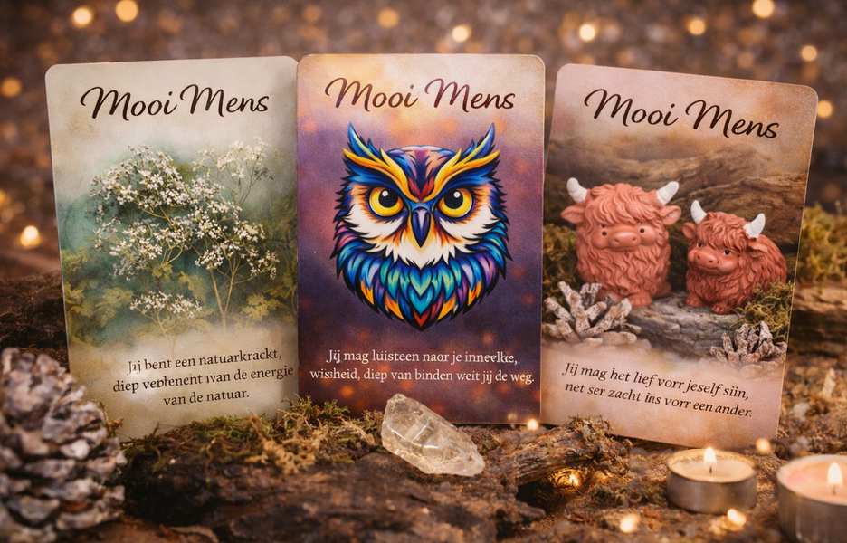 Drie tarotkaarten met natuurtaferelen, waaronder een bloeiende struik, een uil en Schotse hooglanders, verlicht door kaarsen.