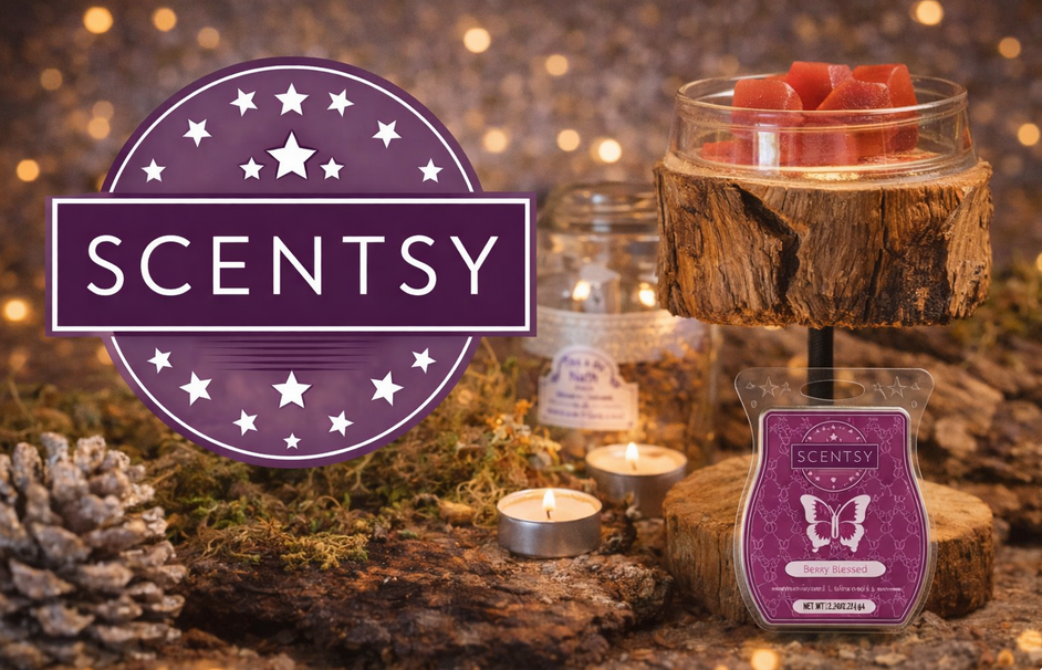 Het Scentsy-logo met een waxbrander, kaarsen en geurwas op een rustieke, natuurlijke display.