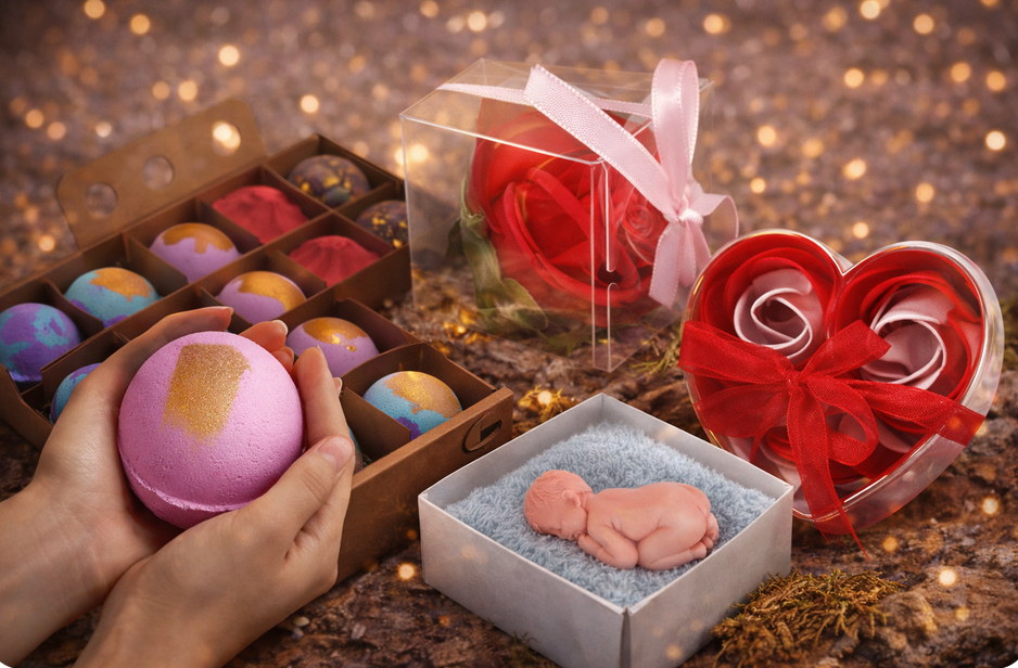 Handen die een bruisbal vasthouden, samen met een geschenkdoos , roosvormige zeepjes en een zeepje in de vorm van een baby.