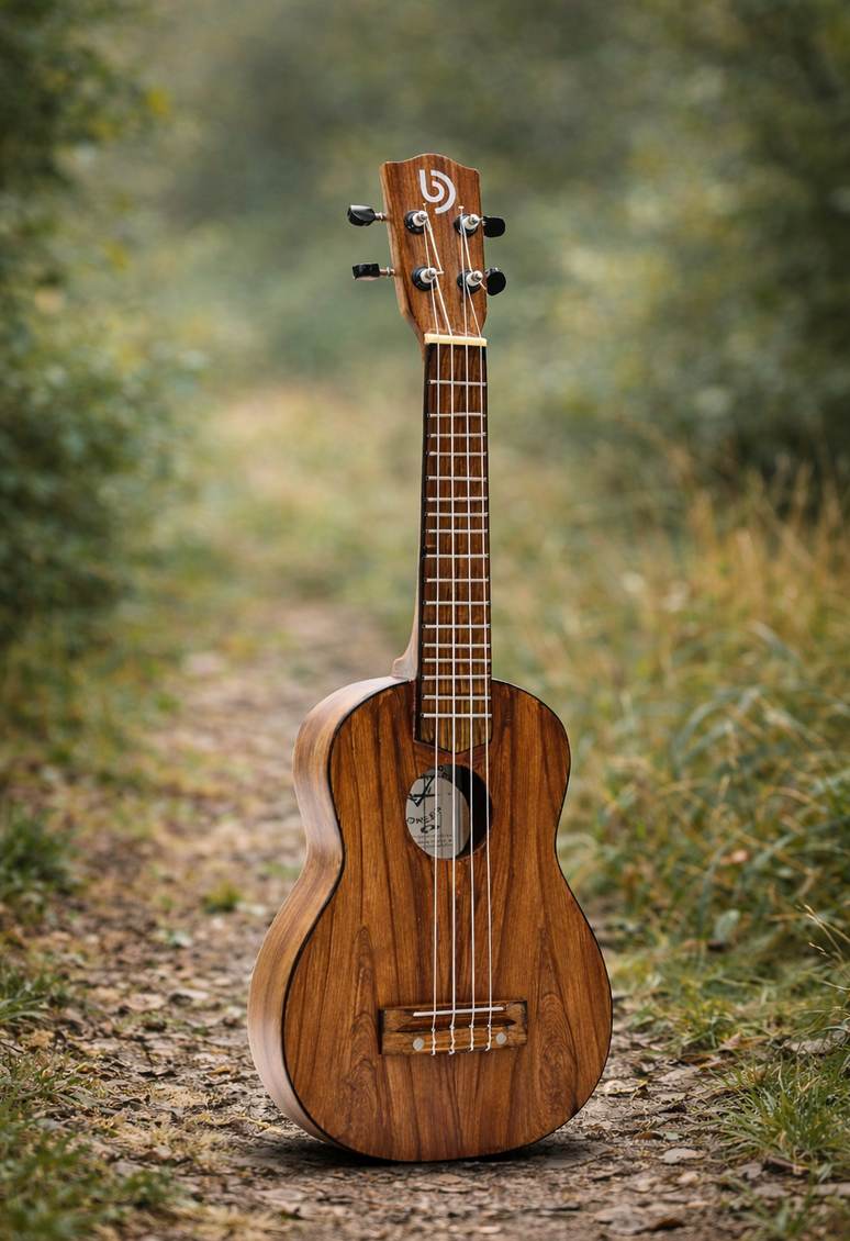 Een houten ukelele op een smal, onverhard pad door een wazig, groen bos.