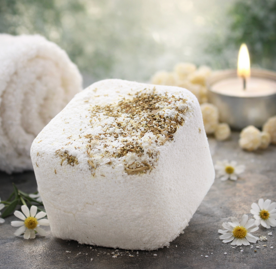 Witte bruisbal voor in bad met gedroogde kruiden, handdoek, kaars en bloemen.