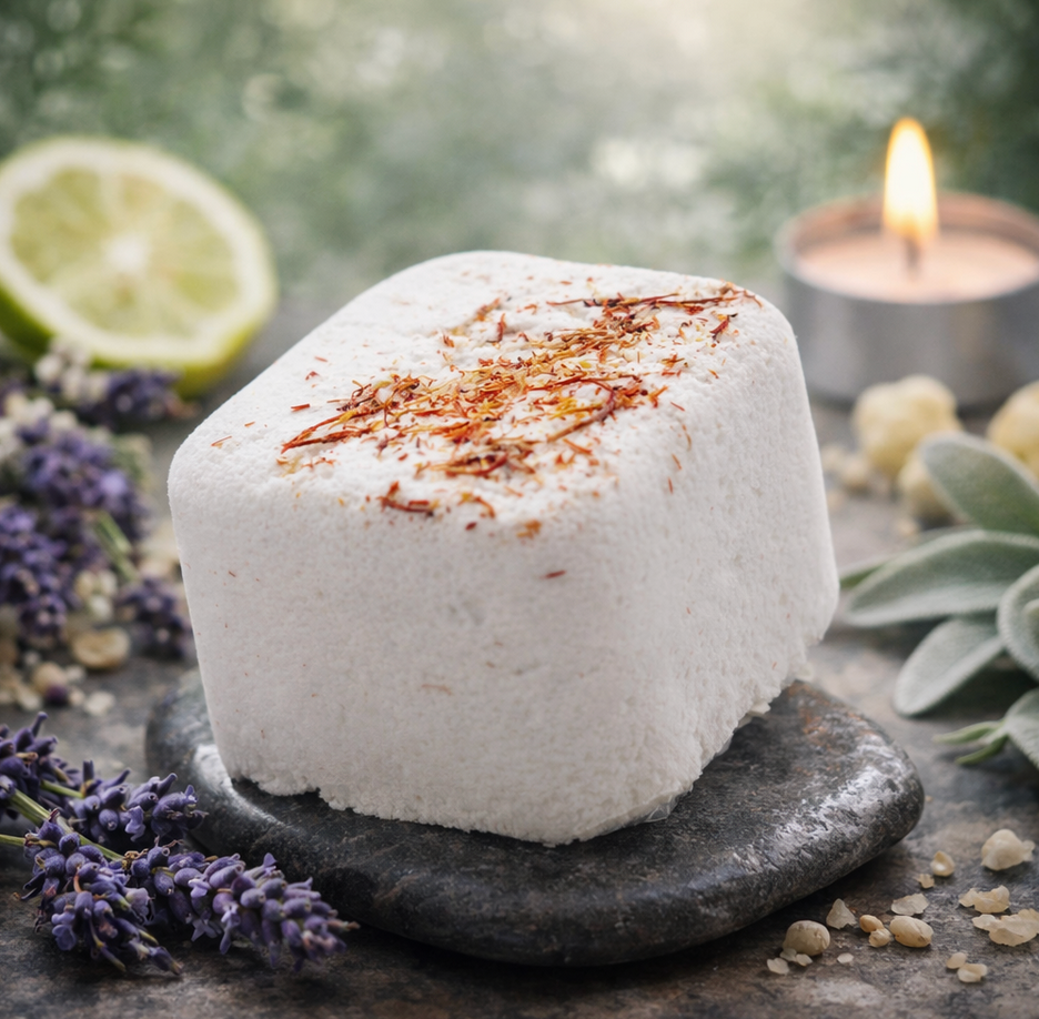 Een bruisbal in bad op een steen, met lavendel, limoen, een kaars en kruiden op de achtergrond.