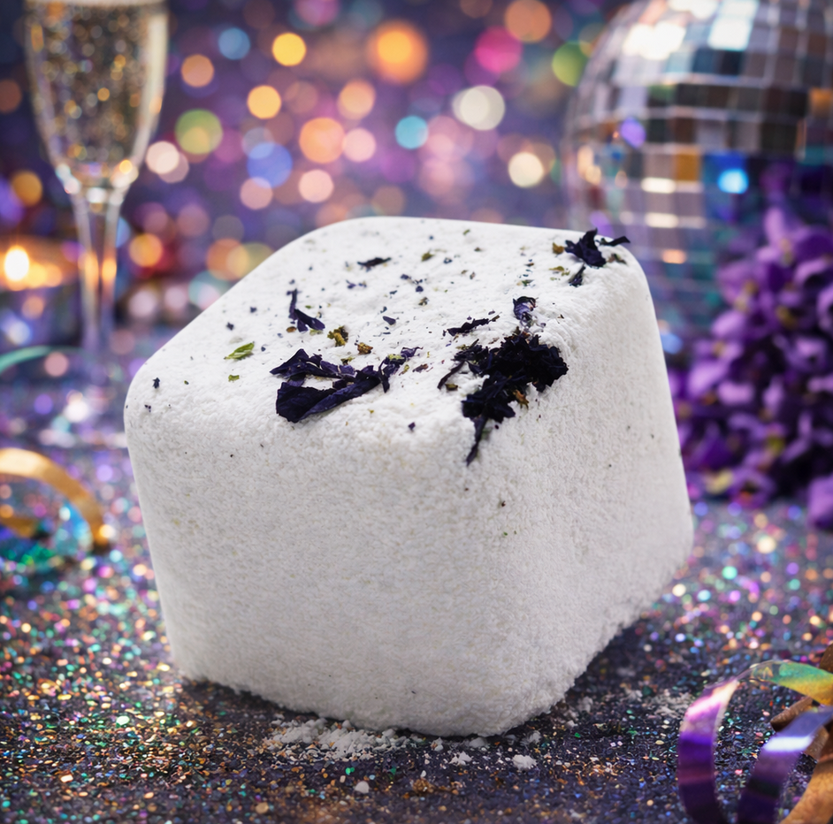 Witte bruisbal met bloemaccenten op een glinsterende ondergrond, met champagne en discobal.