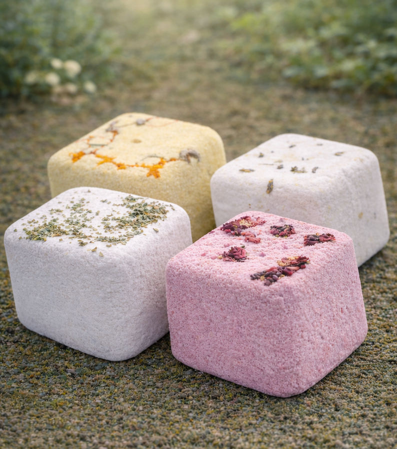 Blauwe kralenarmband op een zwarte, gestructureerde ondergrond, met een achtergrond van rotsen en mos.