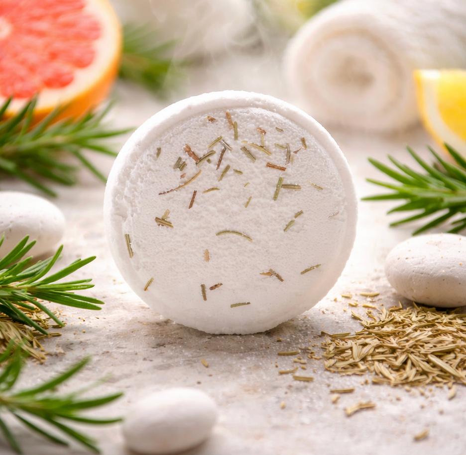 Badbom met rozemarijn, omringd door grapefruit, citroen en steentjes.