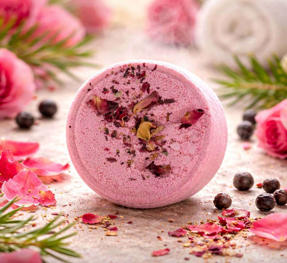 Roze bruisbal voor in bad met rozenblaadjes, omringd door bloemen, bladeren en bessen.