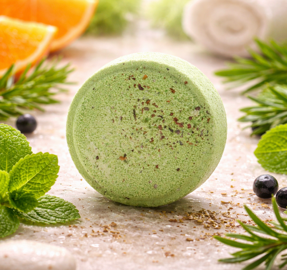 Groene bruisbal voor in bad, omringd door kruiden, fruit en handdoeken op een lichte ondergrond.