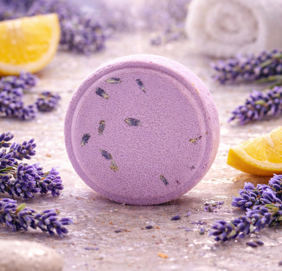 Paarse bruisbal met lavendel en citroenschijfjes.