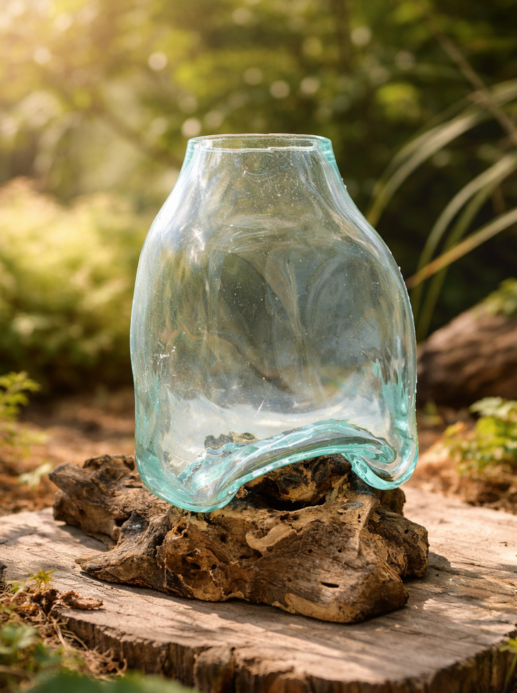 Een heldere, gebogen glazen vaas op een ruwe houten voet, met een wazige groene achtergrond.