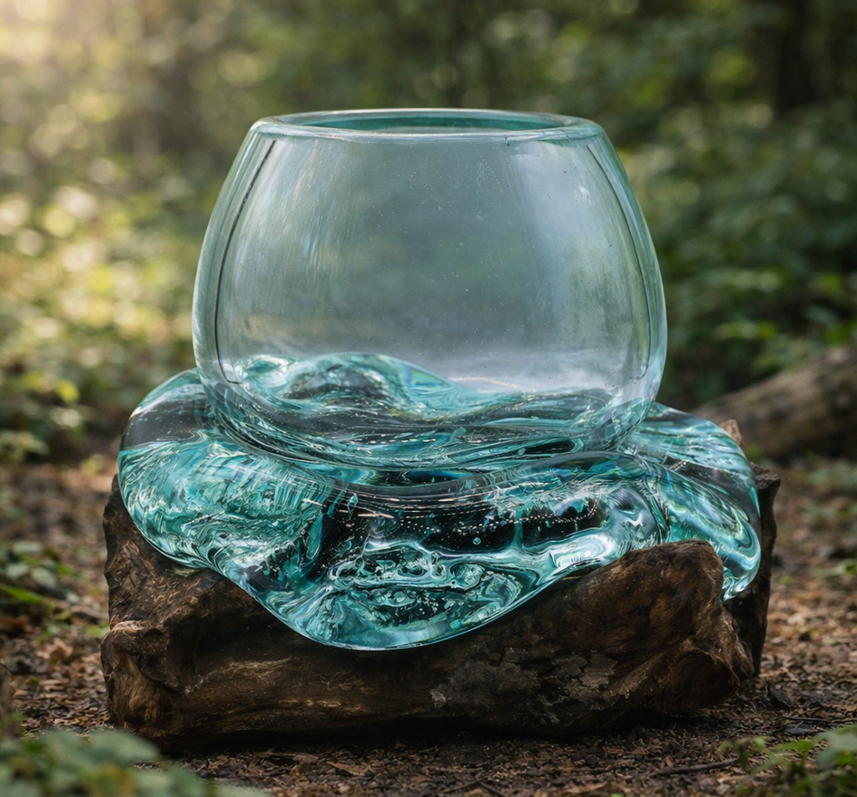 Een sculptuur van een glazen kom op een rotsachtige sokkel, die buiten in een bos is geplaatst.