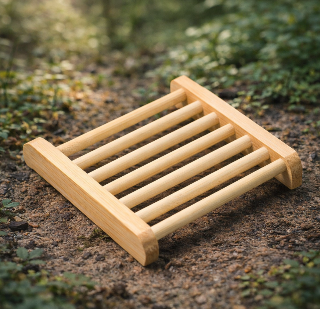 Houten zeepbakje met parallelle deuvels op de bosbodem.