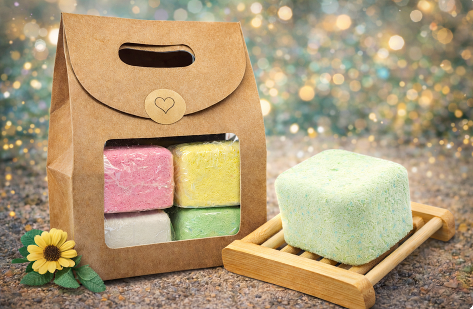 Cadeautasje met kleurrijke badbommen, waarvan er één op een houten zeepbakje ligt, met een wazige bokeh-achtergrond.