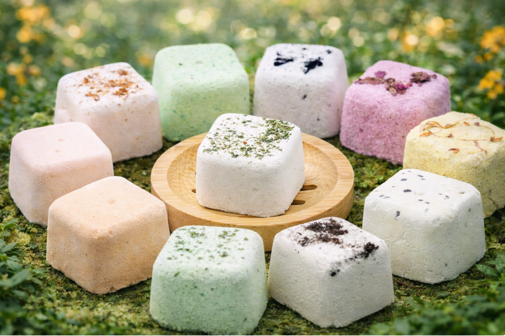 Vierkante bruisballen voor in bad, in diverse kleuren en met verschillende toppings, gerangschikt op groen.