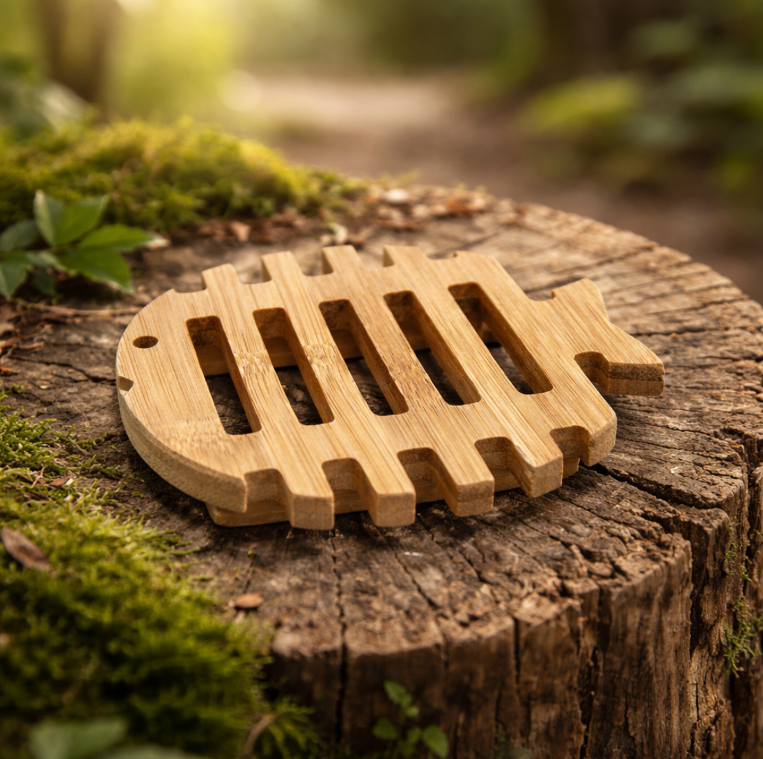 Een houten onderzetter in de vorm van een vis op een boomstronk in een bosrijke omgeving.