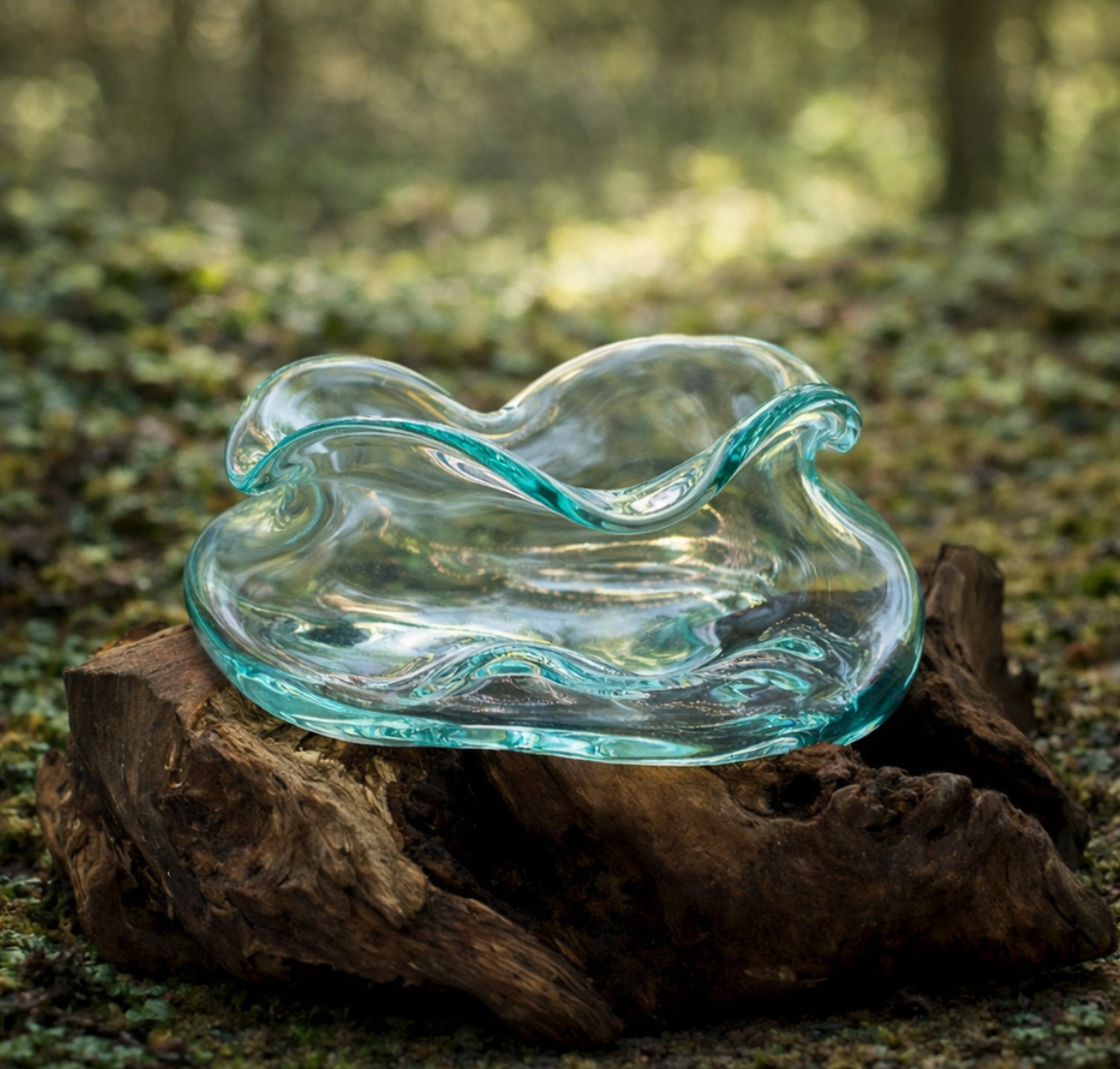 Een decoratieve, gegolfde lichtblauwe glazen schaal staat op een stuk rustiek, verweerd drijfhout in een bosrijke omgeving.