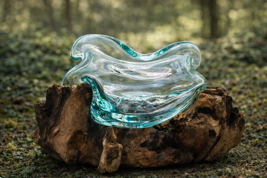 Een decoratieve, gegolfde lichtblauwe glazen schaal staat op een stuk rustiek, verweerd drijfhout in een bosrijke omgeving.
