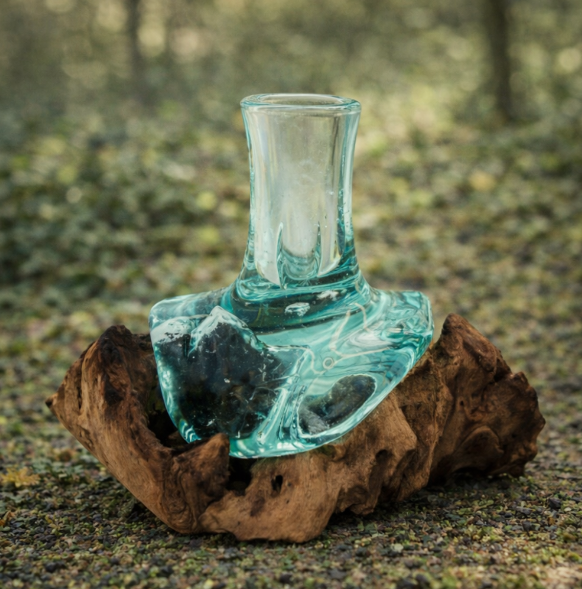 Een transparante glazen vaas is als het ware gesmolten over een stuk natuurlijk bruin drijfhout