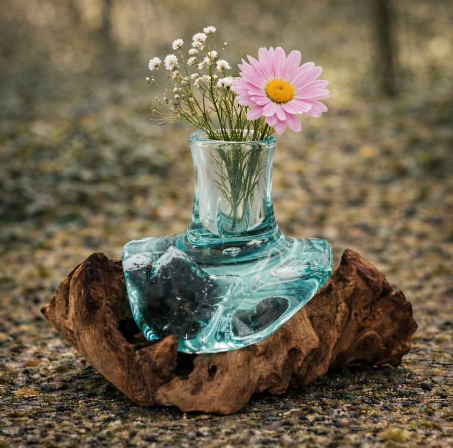 Een transparante glazen vaas is als het ware gesmolten over een stuk natuurlijk bruin drijfhout