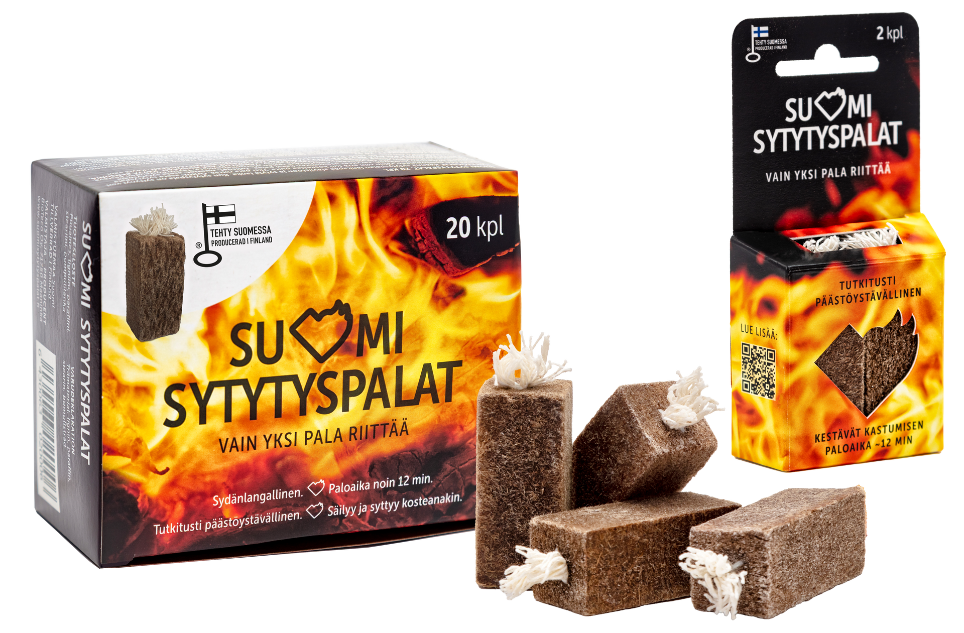 A box of suomi syttyspalat next to a pile of firestarters