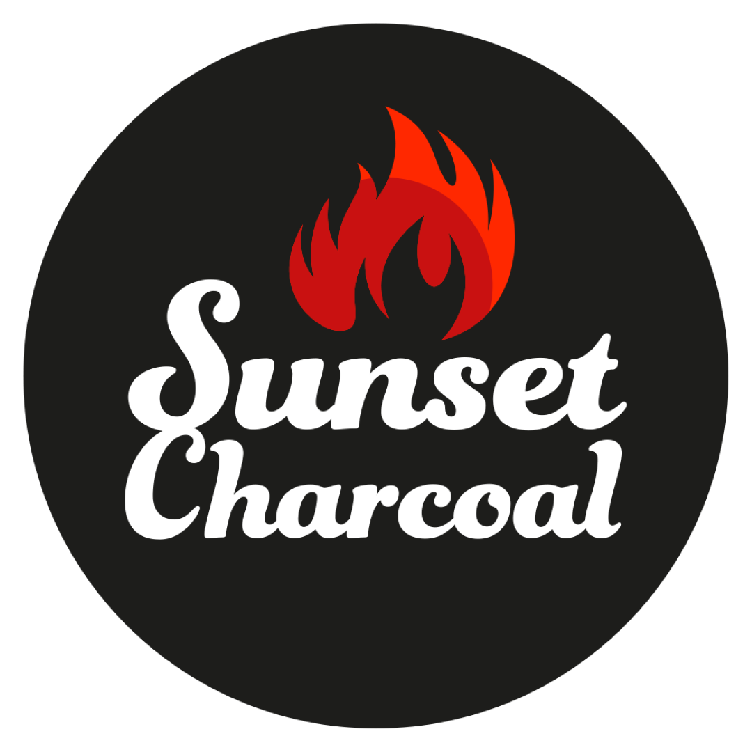 A logo for sunset charcoal with a fire in the middle