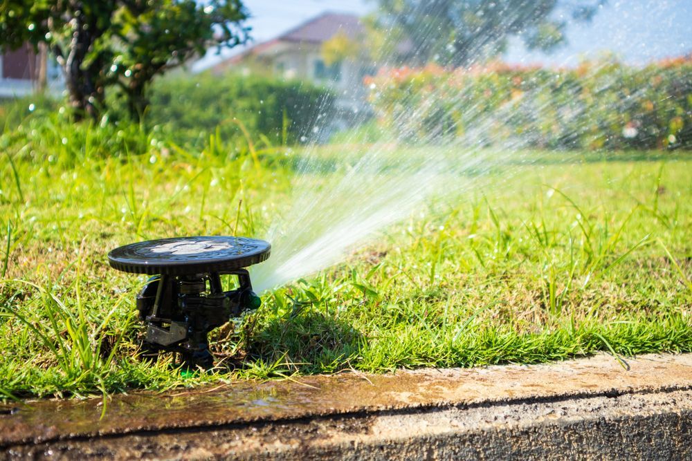 A Sprinkler is Spraying Water on a Lush Green Lawn — Stockers & Partridge In Paterson, NSW