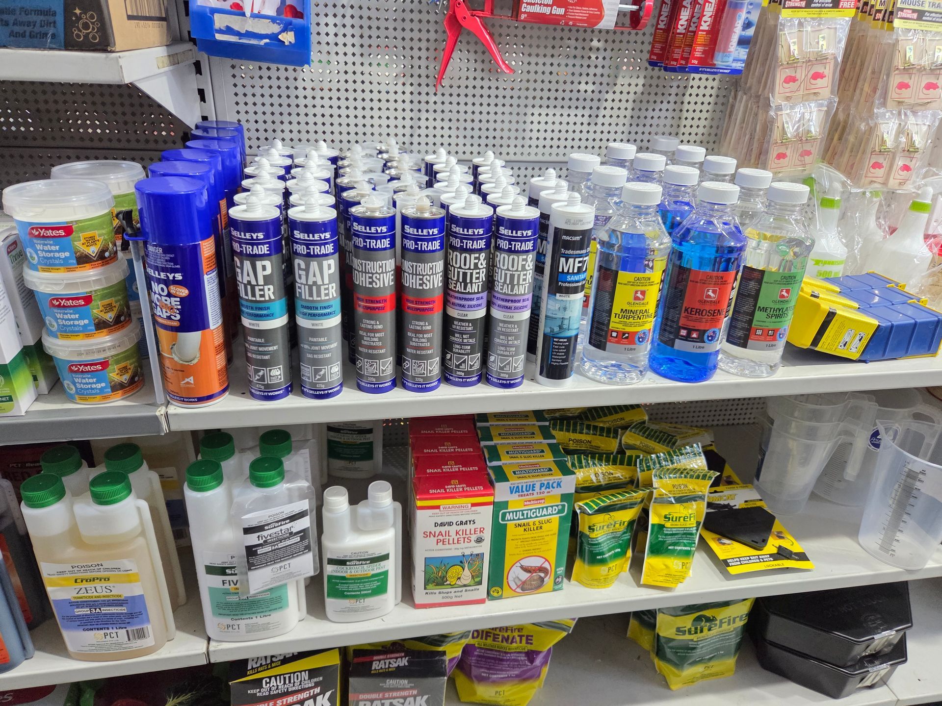 A Store Shelf Filled With Lots of Different Types of Cleaning Products — Stockers & Partridge In Paterson, NSW
