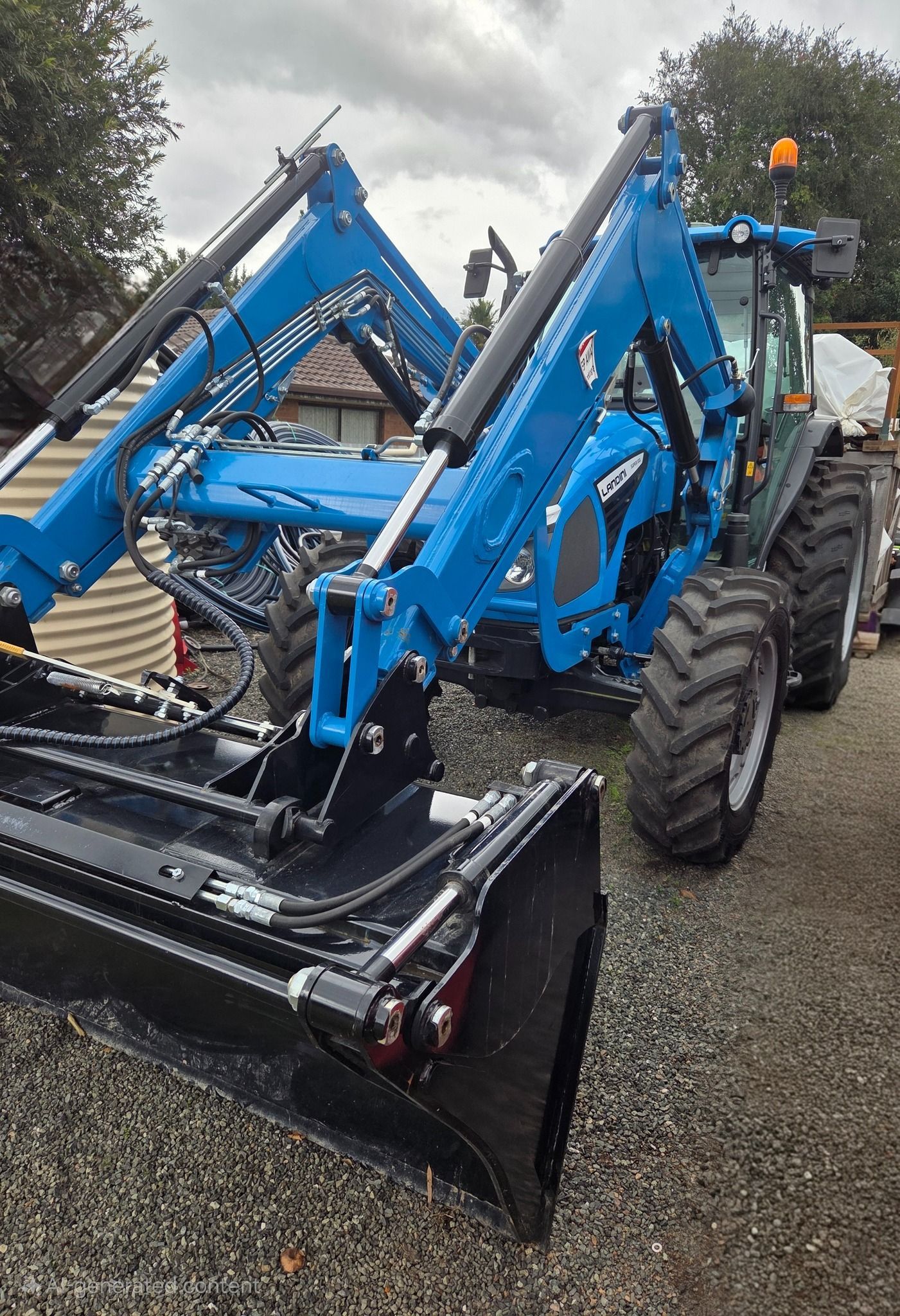 A Blue Tractor With a Red Trailer is Driving Down a Road — Stockers & Partridge In Dungog, NSW