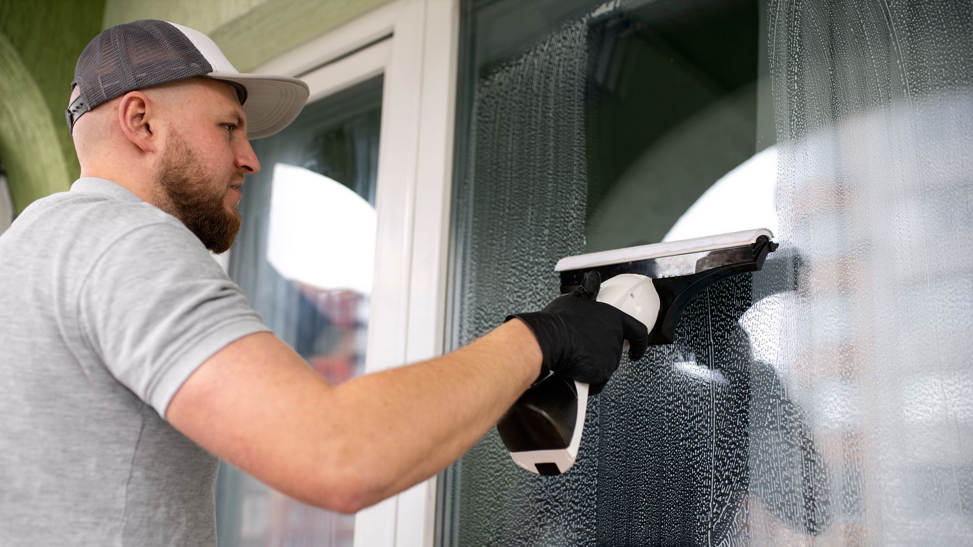 A man is cleaning a window with a squeegee.
