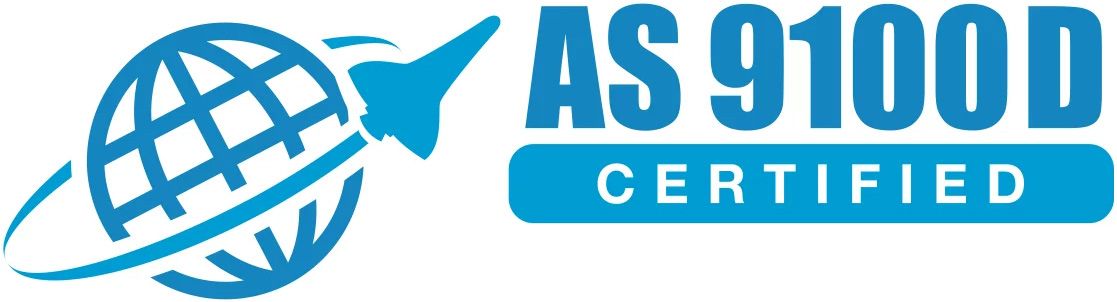 A blue logo that says `` as 9100d certified '' with a globe and a check mark.