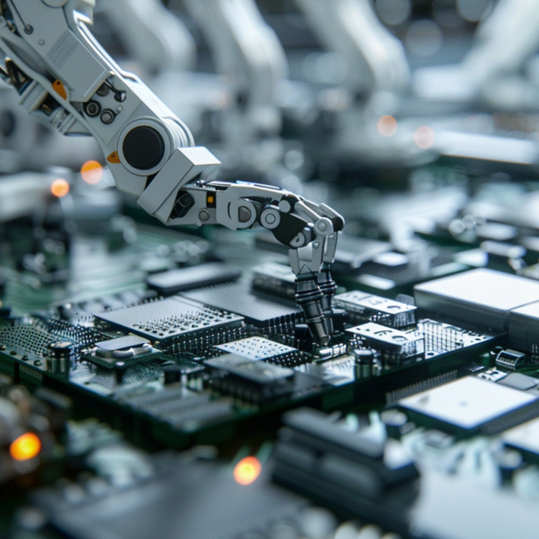 A robotic arm is working on a motherboard.