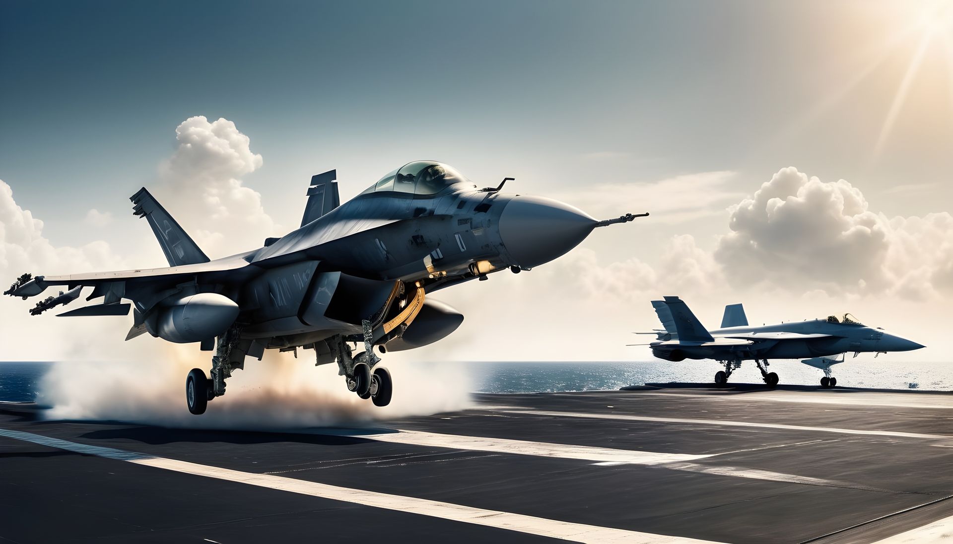 Two fighter jets are taking off from a carrier.