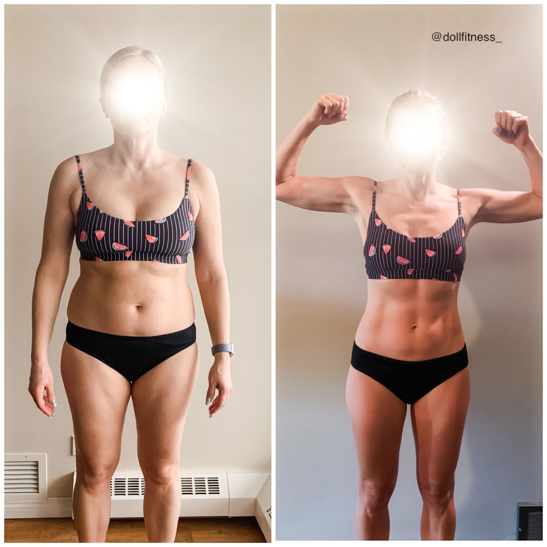 A woman in a bikini is shown before and after losing weight.