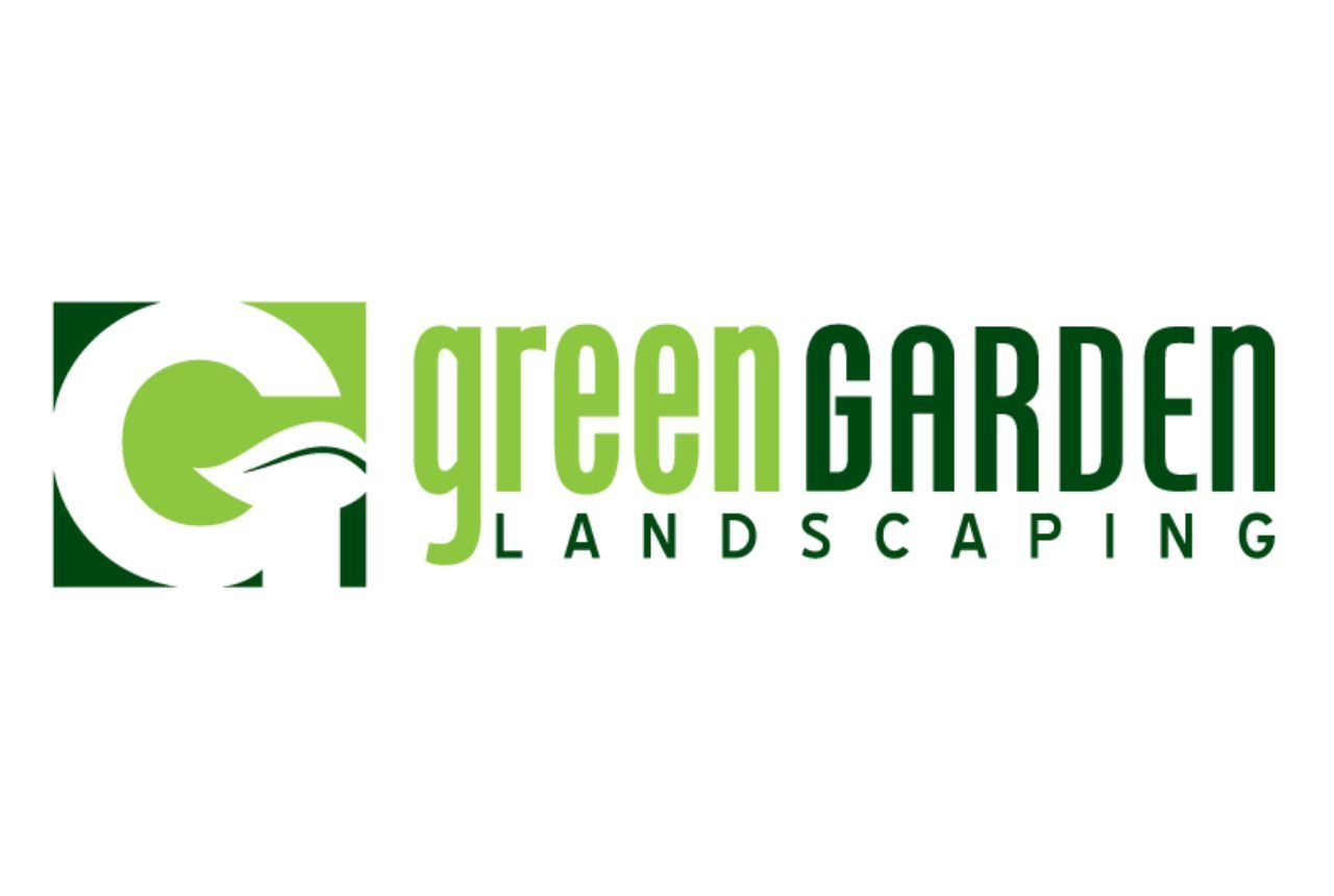 the logo for green garden landscaping is green and white