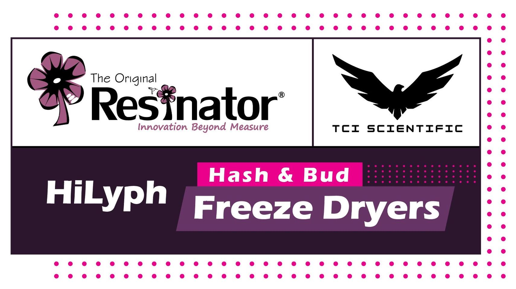 Logo for HiLyph Hash & Bud Freeze Dryers, featuring a flower, a bird, and text on a dark pink and white background.
