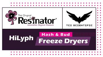 Logo for HiLyph Hash & Bud Freeze Dryers, featuring a flower, a bird, and text on a dark pink and white background.