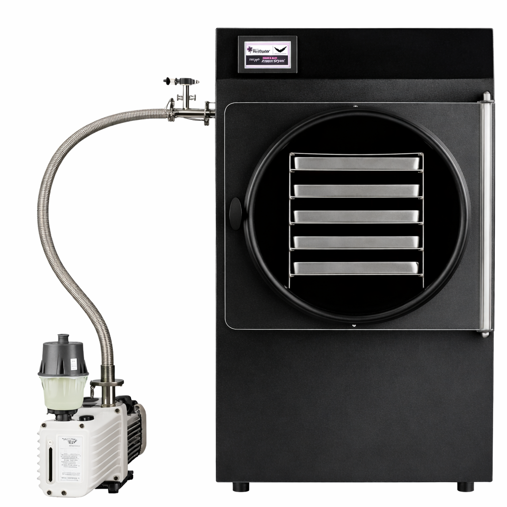 A black countertop freeze dryer unit connected by a metal hose to a white vacuum pump.