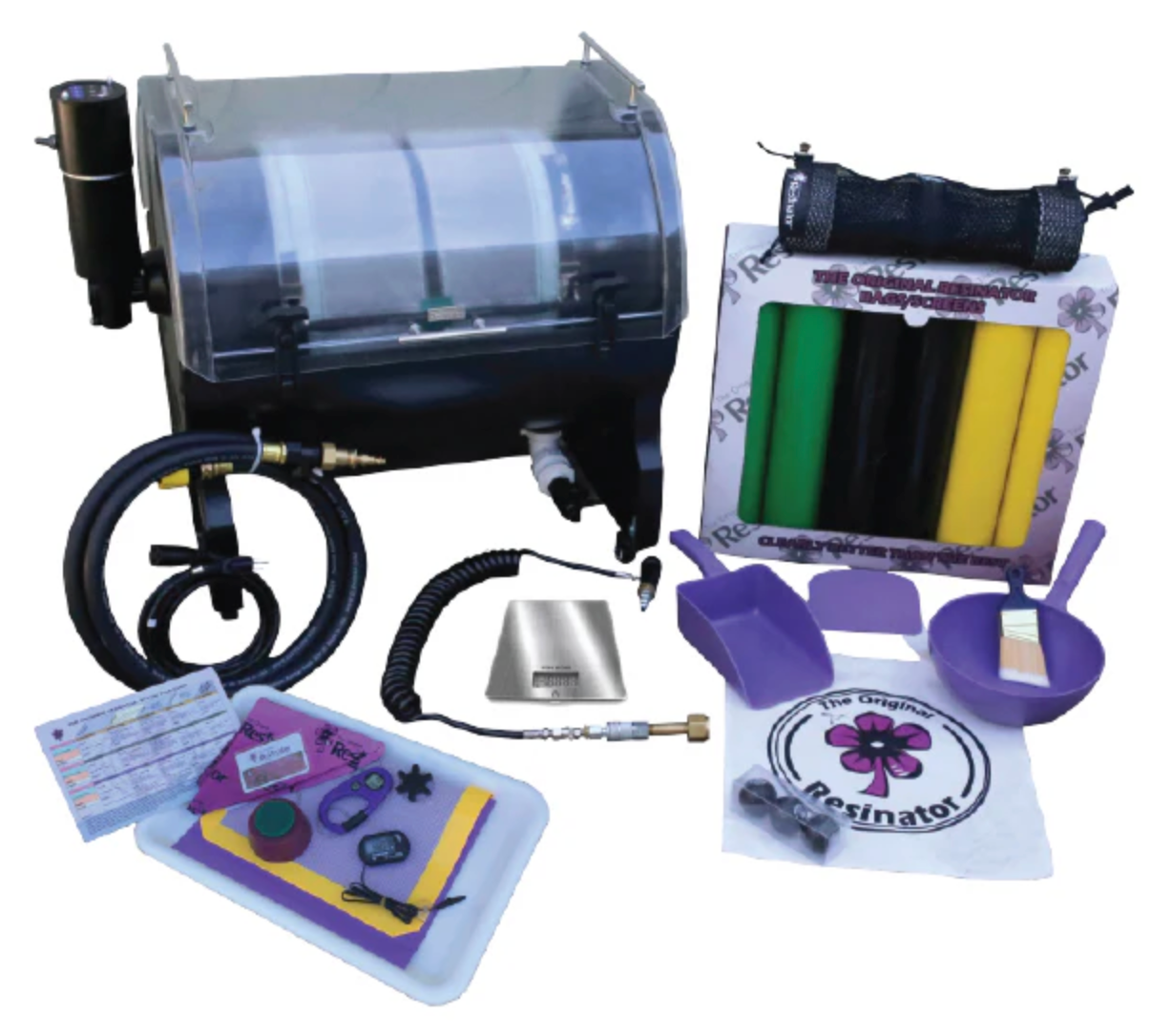 Black barrel, rainbow panel, and assorted colorful accessories arranged on a white background