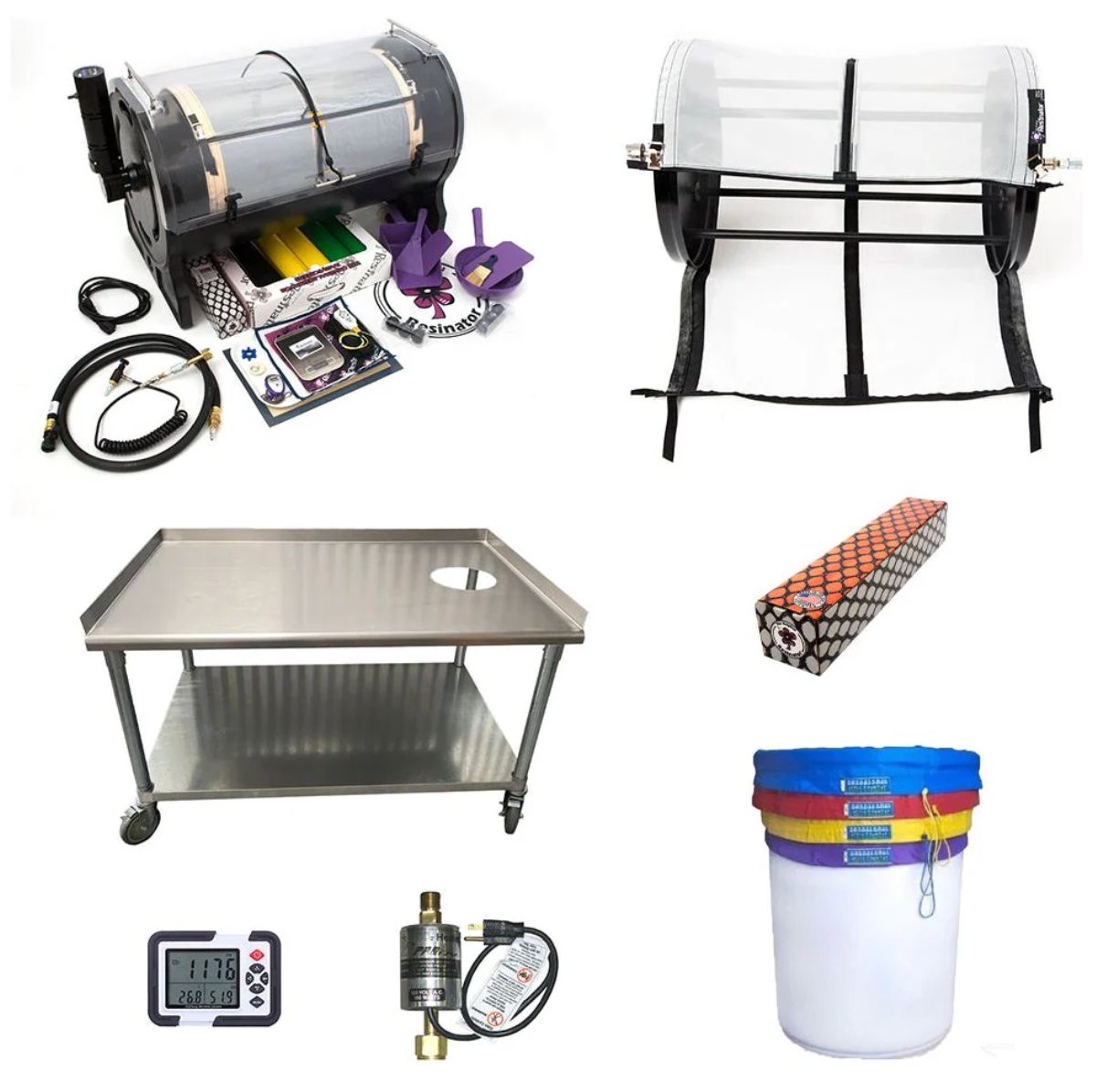 Assorted industrial equipment and components, including a metal tank, table, gauges, and plastic drum.